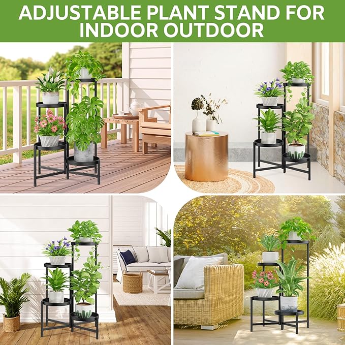 iDavosic.ly 4 Tier Large Plant Stand Indoor with 10 Inch Wide Tray, Tiered Corner Metal Outdoor Flower Display Holder Shelf, Folding Tall Rack for Patio Porch Living Room, Modern Black