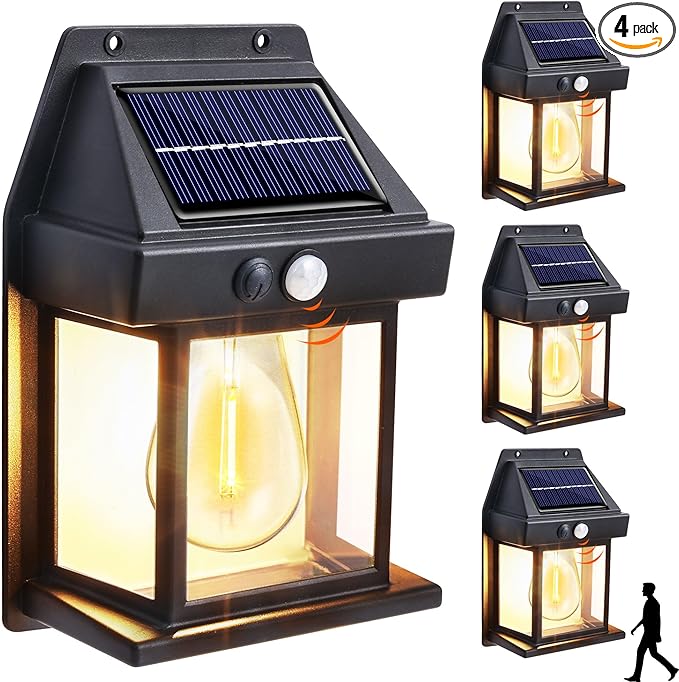 Joomer Solar Wall Lights Outdoor 4PACK, Dusk to Dawn Porch Lights Fixture, Waterproof Exterior Lighting with Clear Panel for Entryway Front Door, Solar Wall Lantern with 3 Modes & Motion Sensor
