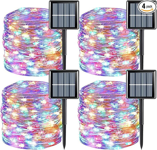 YEGUO Solar Fairy Lights Outdoor Waterproof, 4 Pack Each 33ft 100 LED String Lights, 8 Modes Silver Wire Twinkle Lights (Multicolor)