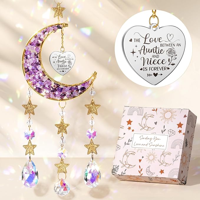 Aunt Gifts from Niece, for Aunt Auntie Gifts, Best Aunt Ever Gifts Aunt Birthday Gifts for Auntie, Auntie Gifts for Women Moon Crystal Suncatcher for Window Hanging Wall Decor
