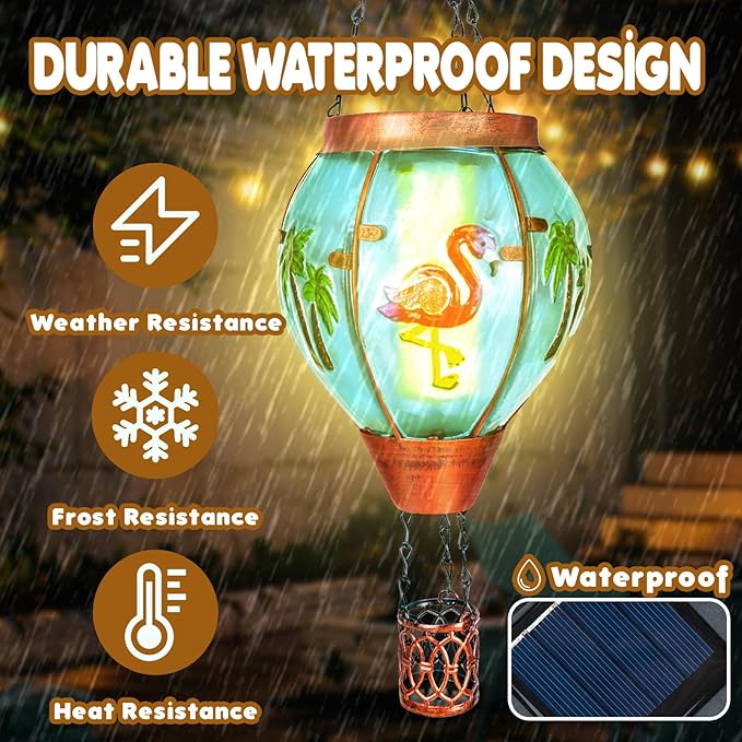 Flamingo Solar Hot Air Balloon Lantern, Outdoor Decor with Flame Lights Waterproof, Hanging Lights for Garden Yard Lawn Patio, Unique Gifts for Women Mom Grandma Gardener for Mother'Day