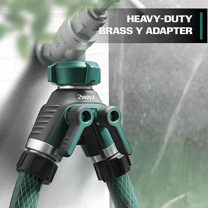 2WAYZ Dual Outlet Water Hose Splitter - Heavy-Duty Brass Y Connector, 360° Rotation, Easy Installation, Leak-Proof Design with Spigot Extender - Ideal for Garden, Washing Machines, Outdoor Faucets