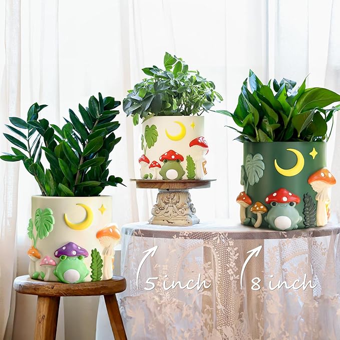 GUGUGO 8 Inch Colorful Frog Garden Planters Cute Unique Rainbow Planter with Drainage, Vintage Retro Mushroom Flower Plant pots for Indoor Plants, Eclectic Succulent Gardening Pot for Home Décor-A