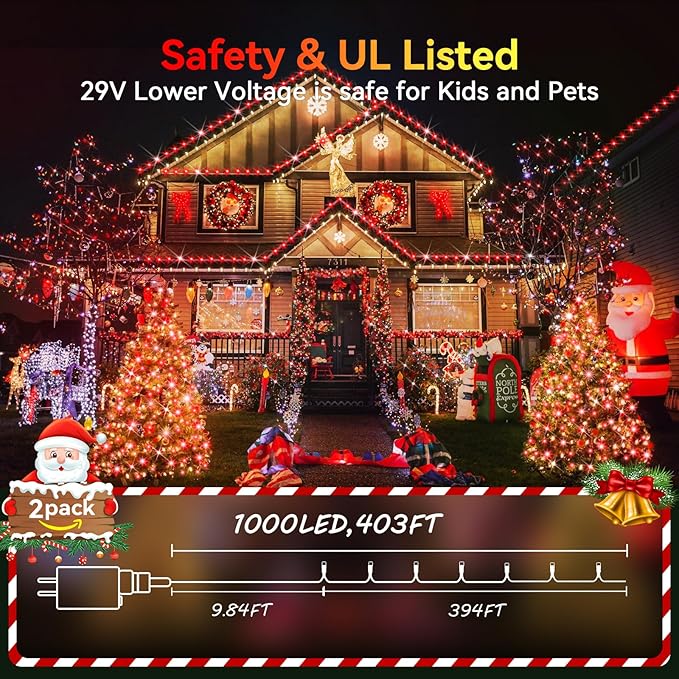 Hezbjiti 2 Pack 1000 LED 403 FT Christmas String Lights Outdoor, 8 Lighting Modes IP44 Waterproof Fairy Lights with Timer and Dimmable Function for Party Tree Decorations (Red, Clear Wire)