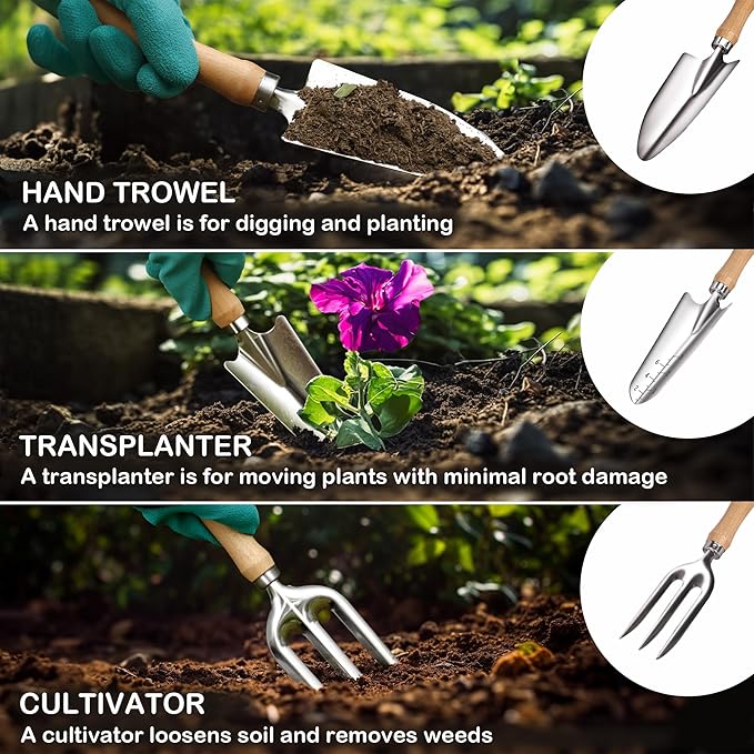Gardening Hand Tool Kit 14PCS Heavy Duty Stainless Steel Garden Tool Set with Floral Garden Tote -Outdoor Gardening Transplanting Gifts for Woman