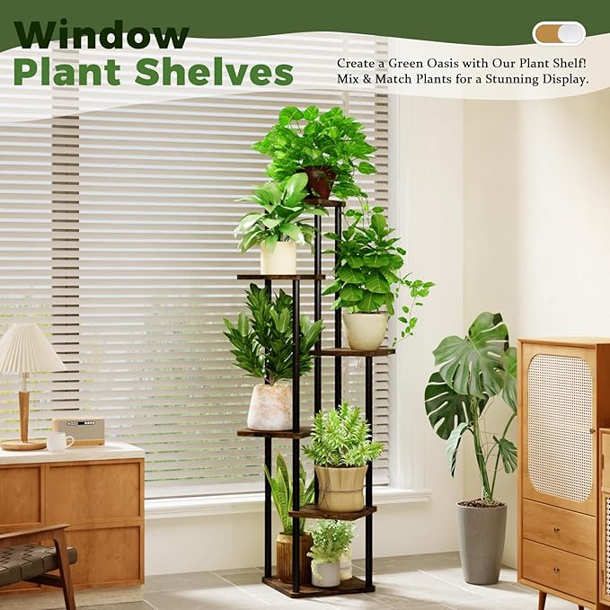 6 Tiered Plant Stand Indoor Corner Plant Shelf for Multiple Plants for Patio Garden Balcony Living Room Bedroom, Tall Metal Flower Pots Stand Relaxing for Women Gift Brown Oak
