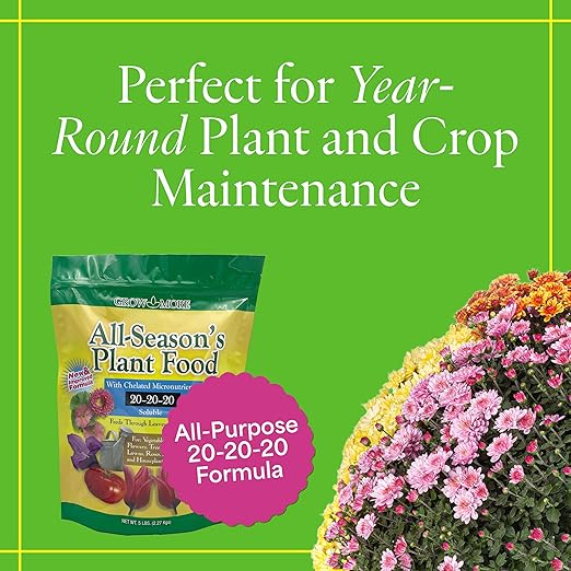 Grow More All-Season's Plant Food (20-20-20 Fertilizer) - 5lbs of All Purpose Fertilizer - Water Soluble Fertilizer Plant Food for Houseplants & Outdoor Plants with Chelated Micronutrients