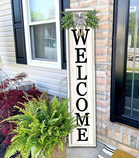 Welcome Sign for Front porch Standing 45"X9"Large Wood Frame Outdoor Tall Welcome Signs Vertical Decor for Farmhouse Rustic Home Modern Outside Front Door Wall Decorations (White)