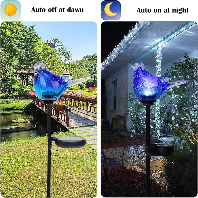 Afirst Solar Bluebird Garden Stake Lights - Hand Blown Glass Decorative Garden Pathway Lights Outdoor Waterproof Bird Glass Stakes