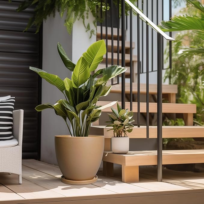 10 Inch Planter - Ceramic Pots for Plants, Planters with Drainage Hole and Tray, Modern Flower Pots Indoor, Home Living Room Patio Porch Garden Office Decor, Brown