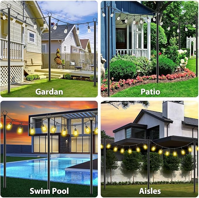 10Ft String Light Poles 6 Pack,Light Poles for Outside Lights,Outdoor with Fence Brackets Hanging Lights,Metal Stand Deck Patio Backyard