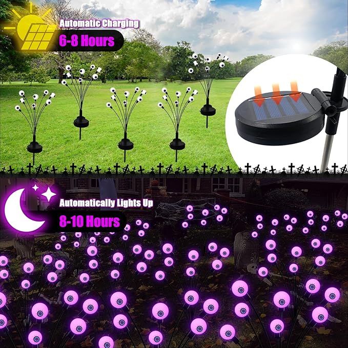Halloween Decorations Outdoor Solar Scary Eyeball Lights, 4-Pack 32LED Halloween Decor Solar Garden Lights, Waterproof Halloween Yard Decorations Swaying Halloween Pathway Lights for Patio Lawn Party