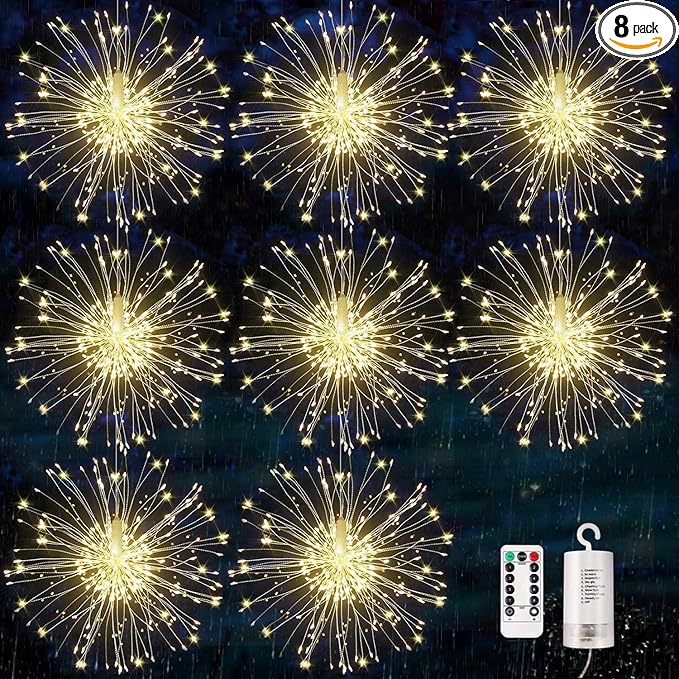Firework Lights, 8 Pack LED Copper Wire Fireworks Lights Fairy Lights Christmas Fireworks Hanging Dimmable String 8 Modes Waterproof with Remote Control for Christmas Wedding Garden