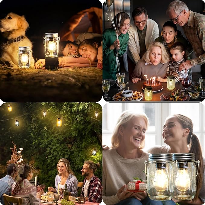 MJ Outdoor Mason Jar Lights Hanging Battery Operated Lamp Timer Cordless Lamps 2-Pack LED Decorative Garden Lanterns Glass Light for Patio Camping Courtyard Backyard Tree Hallway Stairs( Transparent)