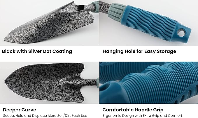 4 Piece Garden Tool Set Heavy Duty, Gardening Hand Tools Work No-Slip Grip Trowel Transplanter Weeder Hand Rake, Ergonomic Handle Indoor Outdoor