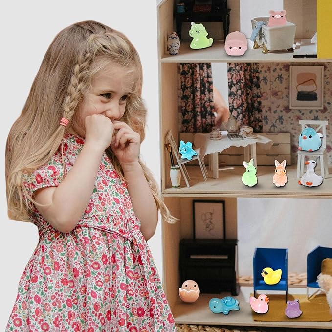 Luminous Mini Resin Animals 50 Pcs Tiny Animals to Hide Around The Office Home Mini Ducks Tiny Frogs Small Birds Glow in The Dark for Crafts Fairy Garden Accessories