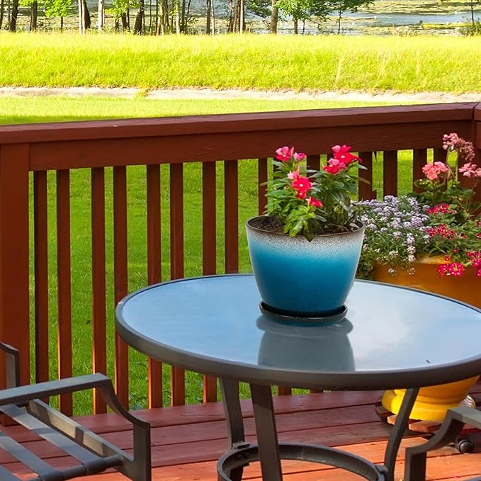 Worth Garden Plastic Round 8" Planters for Indoor Plants - Set of 6 Multicolor Small Gloss Flower Pots with Drainage Holes and Saucers - Home Decorative Christmas Containers