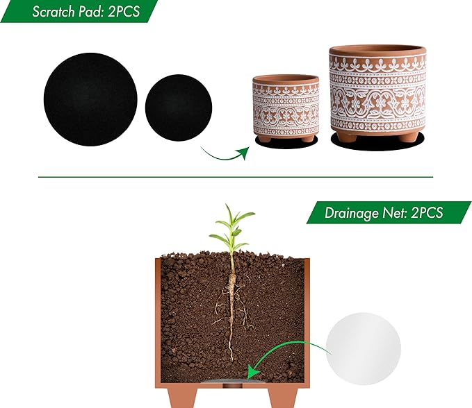 D'vine Dev Set of 2 Terracotta Planter Pots, 4.4 Inch & 6.4 Inch, Wave Pattern Plants Pot with Drainage Hole, Terracotta/White, 31-953-F-1