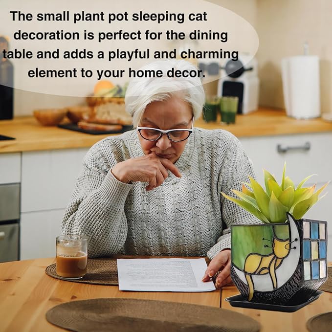 Tiffany Stained Glass Fun Moon Sleeping Cat Planter，Orange Sleeping Cat Cactus Planter，Cute Planters for Indoor Plants,Decorative Flower Pots As Gifts for Cat Lovers，4.6x3x5.15 in