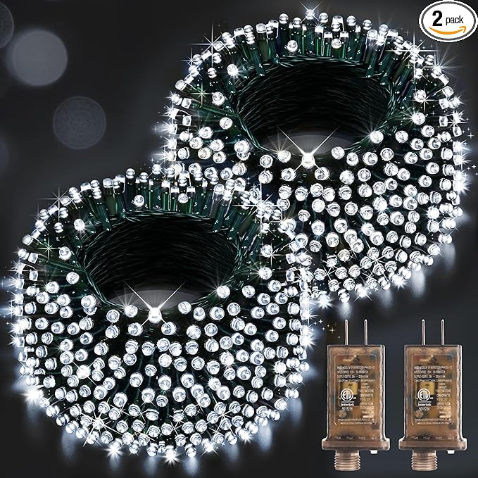 Hezbjiti 2 Pack 1000 LED 403 FT Christmas String Lights Outdoor, 8 Lighting Modes IP44 Waterproof Fairy Lights with Timer and Dimmable Function for Party Tree Decorations (Cold White, Green Wire)
