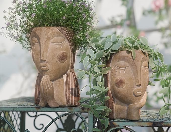 Face Planter Pots with Drainage Hole, Resin Head Planters for Indoor Plants Flower Plant Pots Succulent Pot, Cute Girl Face Planter Gifts for Lover-Praying
