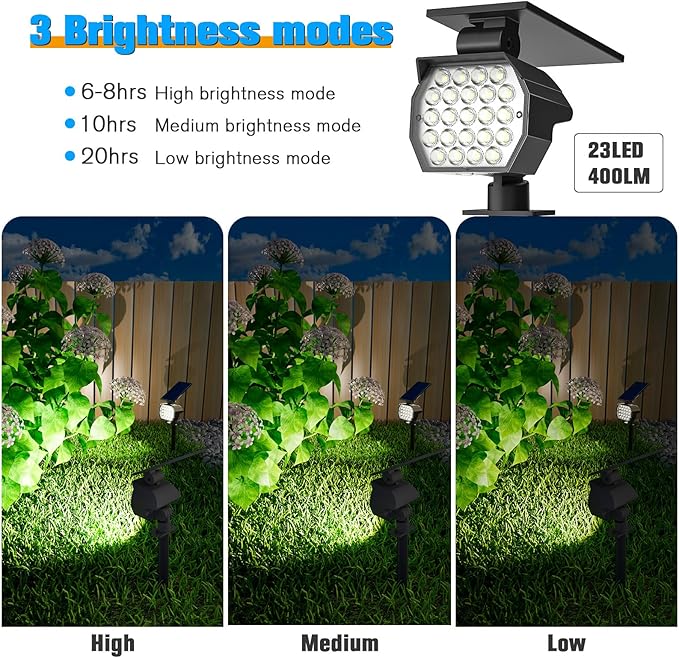 NIORSUN Solar Spot Lights Outdoor,23 LEDs Landscape Lighting with Auto On/Off and 3 Lighting Modes, IP67 Waterproof Spotlights,Outdoor Solar Lights for Yard Garden,2 Pack(Cool White)