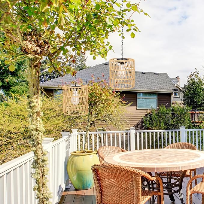 Solar Chandelier Lantern,Outdoor Rattan Pendant Lights,Waterproof Boho Hanging Lamps with Edison Bulb for Gazebo Tree Porch Yard Porch Patio Garden Backyard Decor