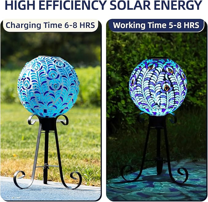 VOREEN Solar Gazing Ball, Mosaic Glass Gazing Globe with Solar Light, Waterproof Outdoor Yard Decoration Sphere for Homes, Patio, Lawn and Gardens, 10", Blue