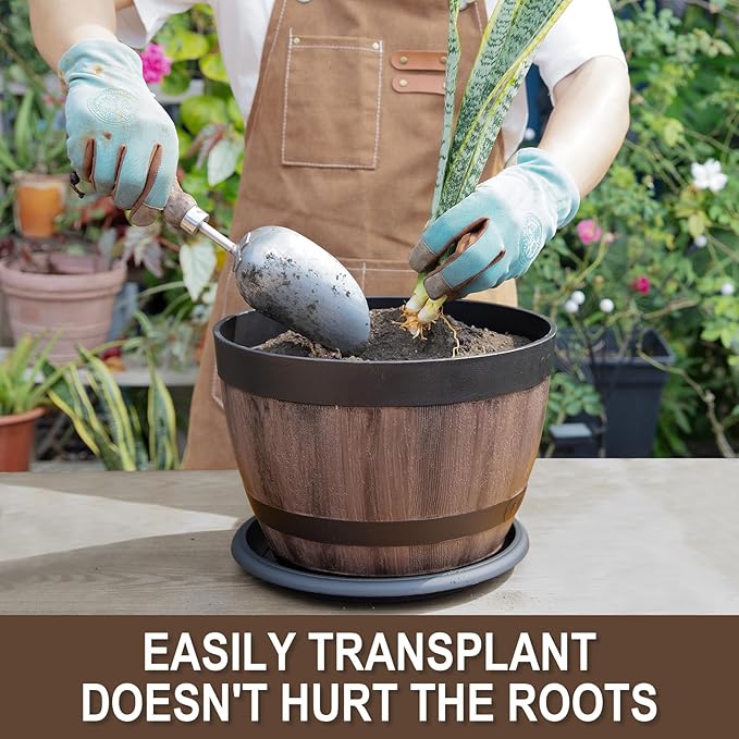 6 Pack Plant Pots with Drainage Holes, Include 3 Each of 16/12 inches Flower Pots with Saucers, Plastic Imitation Wine Barrel Design for Indoor Outdoor Garden Home Plants