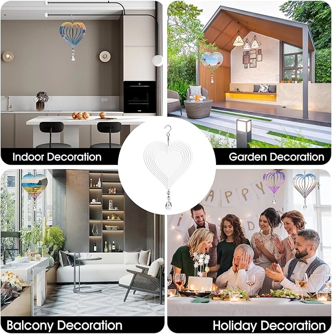 Sublimation Wind Spinner Blanks 8 Inch 4 Pack Wind Spinners Sublimation Blanks with Crystal Pendant Aluminum Metal Wind Spinners for Yard Garden Indoor Outdoor Window Porch Decoration（Heart