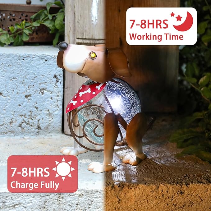 MUMTOP Solar Lanterns Outdoor Waterproof LED Crackle Glass Globe Solar Lights Decorative Dog Tabletop Lantern Metal Yard Art for Patio Garden Table Decor