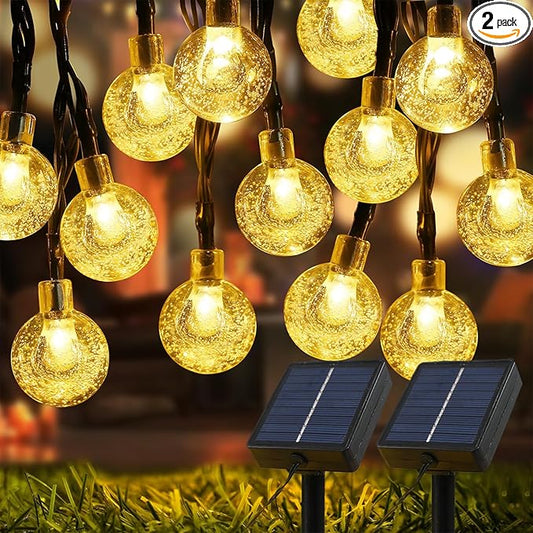 Solar Lights Outdoor Waterproof, 2 Pack Total 120LED 72FT Solar String Lights for Outside w/ 8 Modes, Outdoor String Lights Crystal Globe Patio Lights for Garden Yard Party Decor (Warm White)