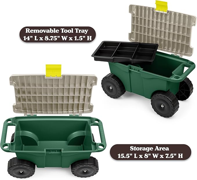 Rolling Garden Cart with Seat - Plastic Storage with Bench and Interior Tool Tray - Gardening Stool for Weeding and Planting By Pure Garden (Green)