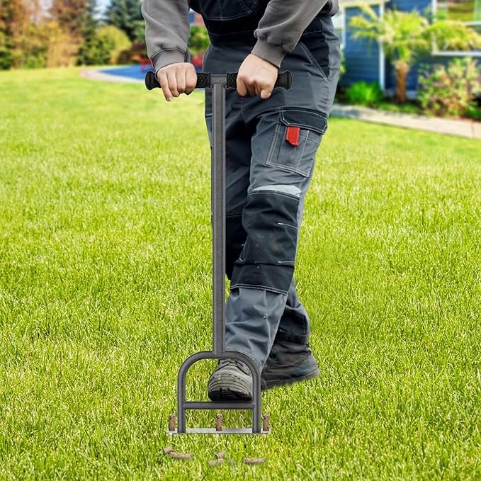 Dolibest Lawn Coring Aerator, Stainless Steel 3 Corer Plug Aerator Tool with Soft Rubber Grip, Manual Grass Aerating Tool, Garden Tool & Cleaning Hand Tool for Loosening Soil and Improving Lawn Health