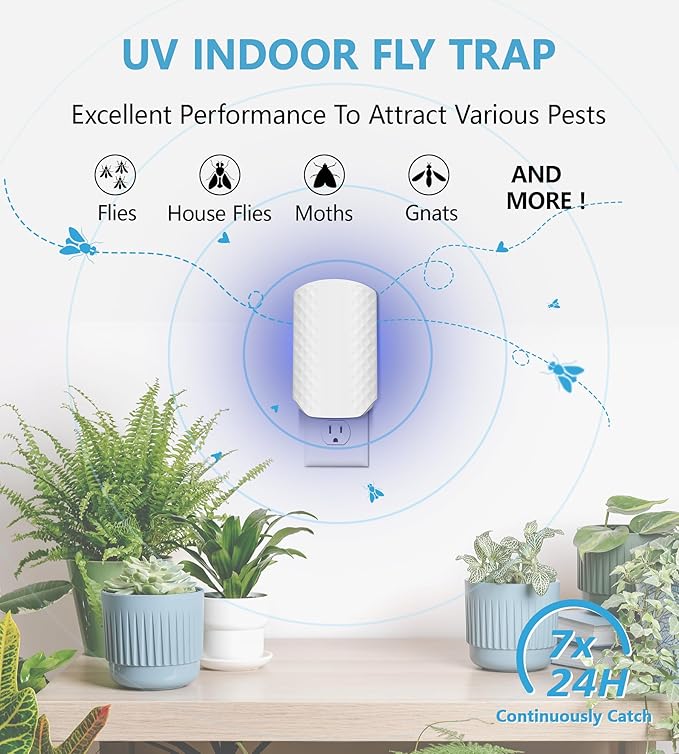Flying Insect Trap for Indoors, Bug Killer Light Trap for Fruit Flies, Gnats, Moths, and Houseflies, 2 Devices + 8 Refills, Best Fly Traps for Home, Kitchen, Bedroom, Plant Area, Garages