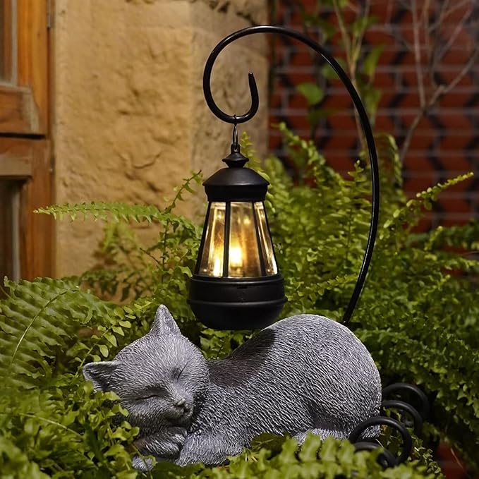 Solar Garden Cat Statues & Figurine with Solar Lantern, 13" Tall Cat Statue Garden Decor for Outside Patio Yard Lawn, Cat Figurine Outdoor Statue Ornament for Porch, Housewarming Gifts for Women