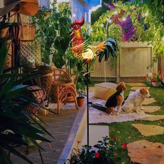 Tryme Rooster Solar Lights Outdoor Decorative Garden Statue Gifts for Chicken Lovers Women Mother Metal Yard Art for Lawn