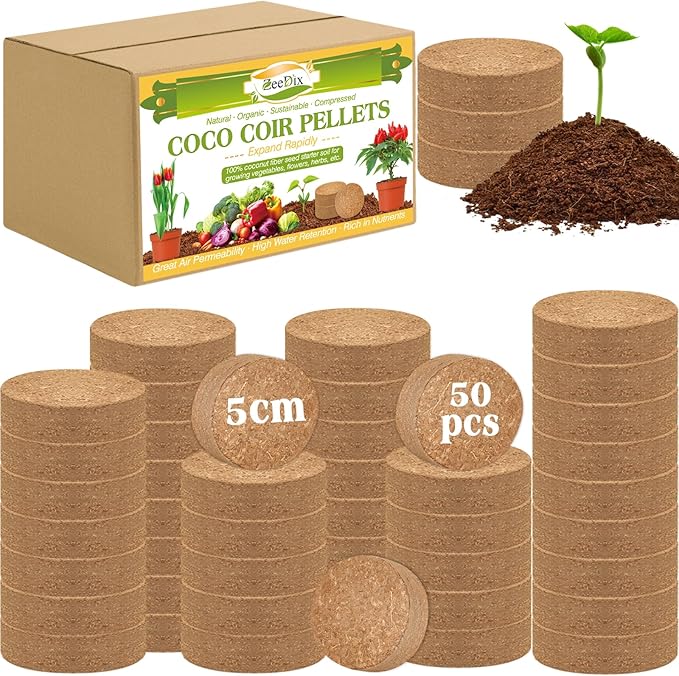 ZeeDix 50pcs 50mm Coco Coir Pellets, Compressed Soil Pellets Coconut Coir Seed Starter Discs Seed Starting Pellets Soil Discs Potting Soil for Outdoor Plants Flowers Bonsai Herbs and Vegetables