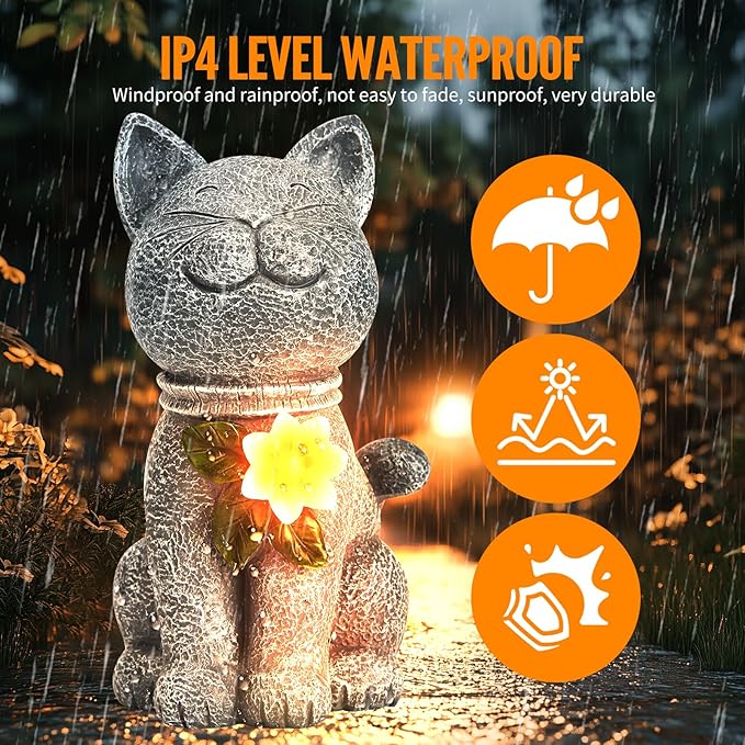 Solar Garden Statue Cat Figurine - Solar Cat Outdoor Statues, Waterproof Resin Cat Sculpture for Yard, Patio, Lawn, and Garden Decoration for Garden Mom Grandma
