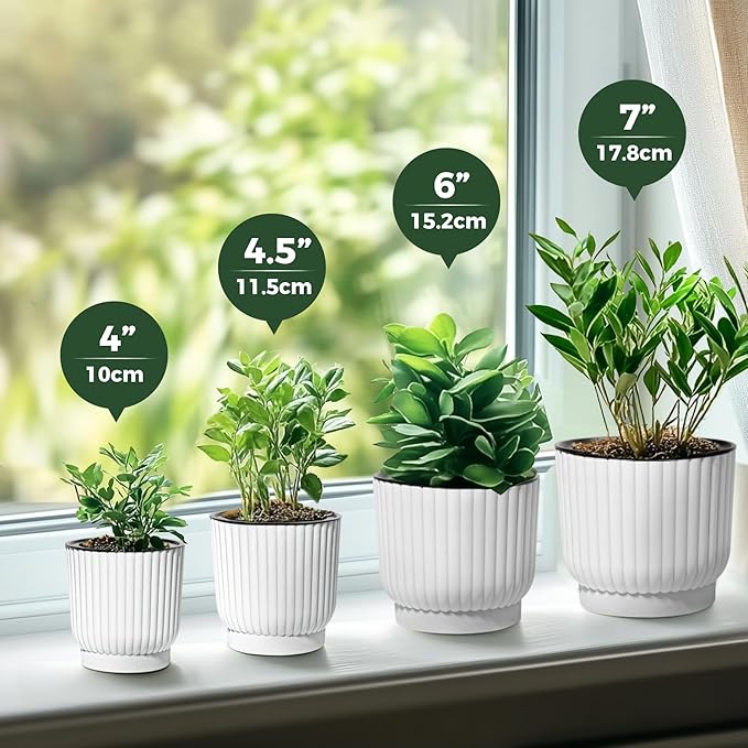 T4U 6 Inch Self Watering Pots for Indoor Plants, 6 Pack White Plastic Flower Pots for All House Plants, Flowers, African Violets