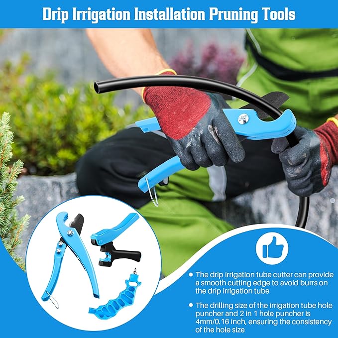 Feekoon Drip Irrigation Tubing Cutter Hole Punch Tools with 115 Irrigation Plugs, 2 in 1 Drip Irrigation Tubing Hole Punch for Easier 1/4" Inch Fitting 16 20 25 mm PE Pipe and Emitter irrigate