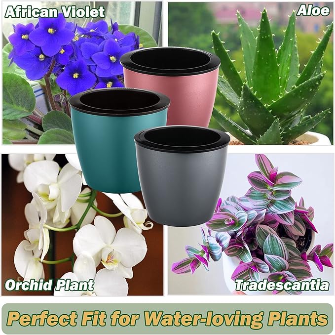Planterhoma 6.7 Inch Self Watering Pots for Indoor Plants, 6 Packs African Violet Pots with Black Wick Pots, Self Watering Planters for Devil's Ivy, Indoor Plant Pots, Silver/Blue/Rose Gold