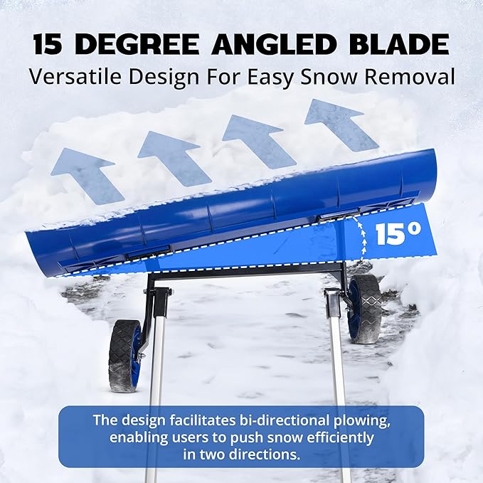 Idzo Efficient Snow Pusher, Snow Plow Shovel with 37-Inch Reversible and Bi-Directional Angled Blade, Snow Shovel with Wheels & Convenient 90 Degree Handle for Driveways, Sidewalks, Ice Hockey Rinks
