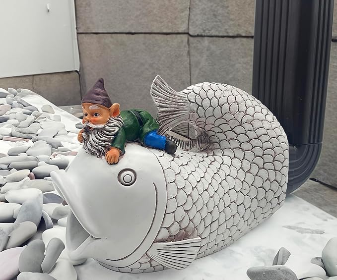 Gnome Fish Sculpture, Garden Animal Statue & Outdoor Decor, Eco-Friendly Resin Gutter Diverter Rain, Decorative Gutter Extension Downspout, Splash Block, Perfect for 3"x4" Downspouts