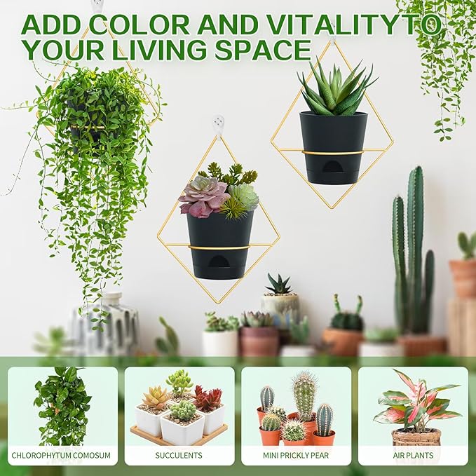 3 Sets of Wall Planters for Indoor Plants, Hanging Wall Planter with Gold Metal Holder, Geometric Self Watering Wall Flower Pots, Wall Mounted Succulent Planter, 5" Black Plant Pot