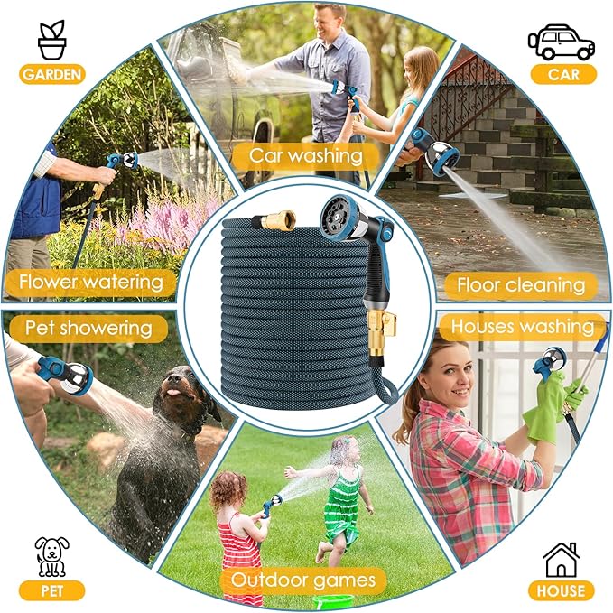 Non-Expanding Garden Hose 100 ft, Flexible Kink Free Water Hose with 10 Watering Spray Nozzle, Lightweight Hose Pipe, Leak-Proof, Durable, 3/4" Brass Alloy Connector, Portable Storage Strap