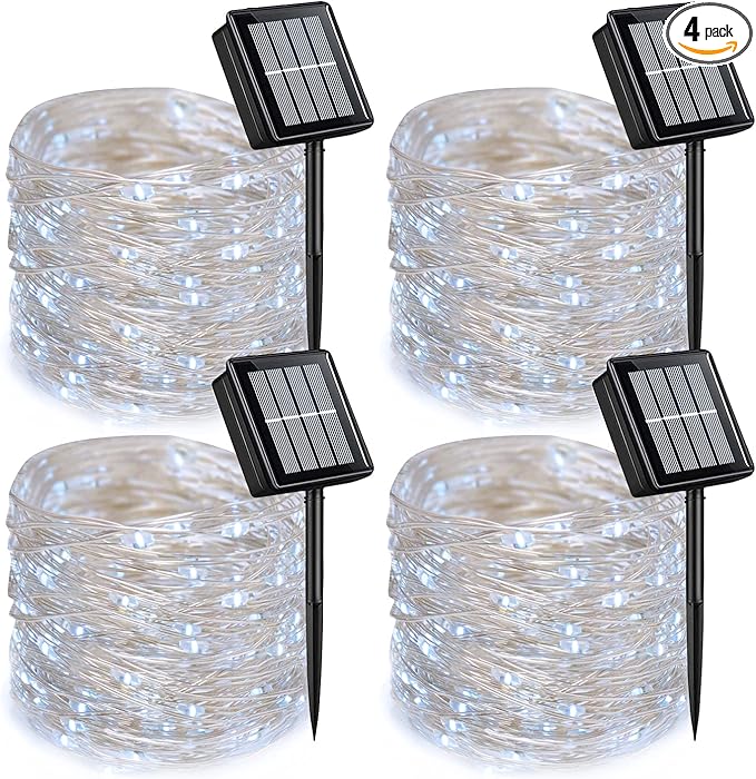 QITONG 4 Pack White Solar Fairy Lights, Each 33ft 100 LED String Light Outdoor Waterproof, 8 Modes Silver Wire Solar Twinkle Lights