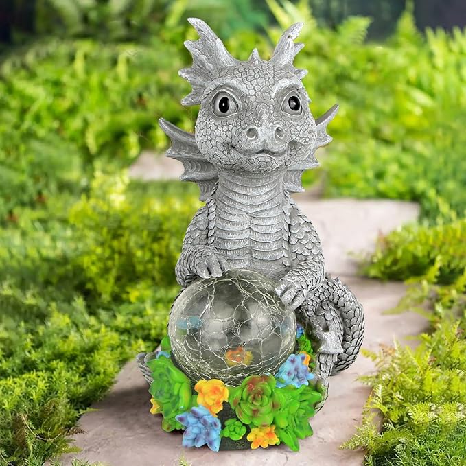 Solar Garden Outdoor Statues Dragon Holding Magic Orb with Solar LED Lights - Lawn Decor Outdoor Statue for Patio, Balcony, Yard Ornament,Unique Gifts for Mom Grandma