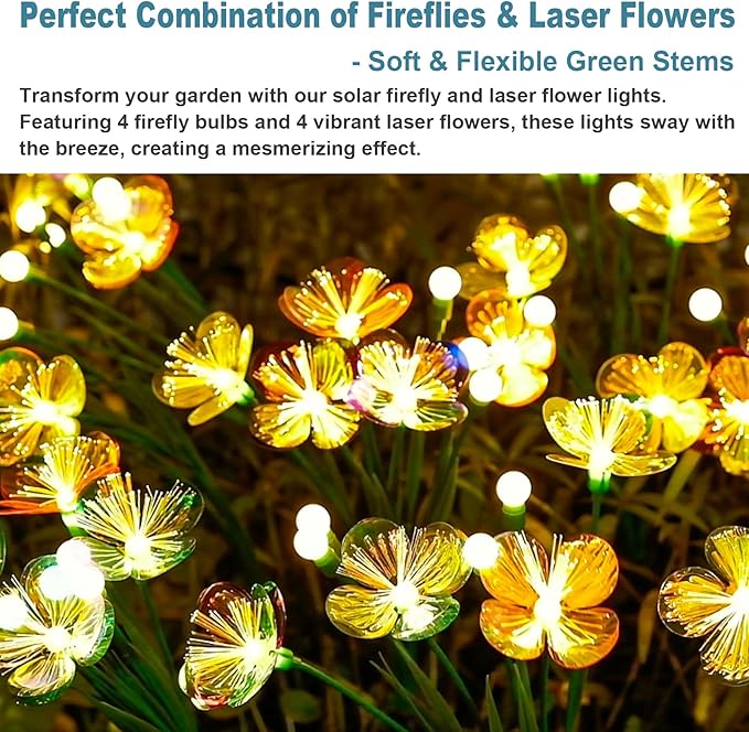 Solar Swaying Garden Lights – Upgraded Flower & Firefly Lights with Larger Solar Panel, Waterproof Outdoor Pathway & Flowerbed Light for Yard & Holiday Decor (4pack)