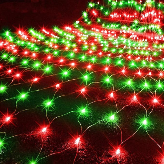 WATERGLIDE Outdoor Christmas Net Lights, 12FT x 5FT 360 LED Mesh String Light with 8 Lighting Mode, Connectable Waterproof Lights for Garden Tree Bushes, Holiday Wedding Party Decoration, Red & Green